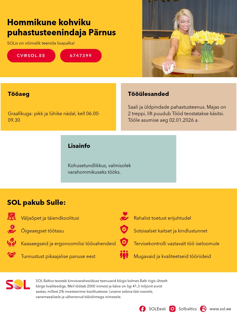 SOL Baltics OÜ Hommikune kohviku puhastusteenindaja Pärnus