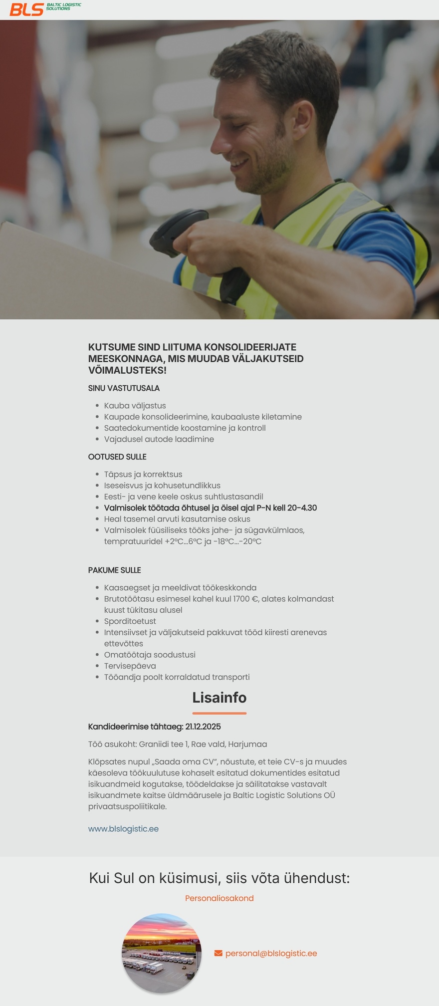 Baltic Logistic Solutions OÜ Jahe- ja sügavkülmosakonna konsolideerija