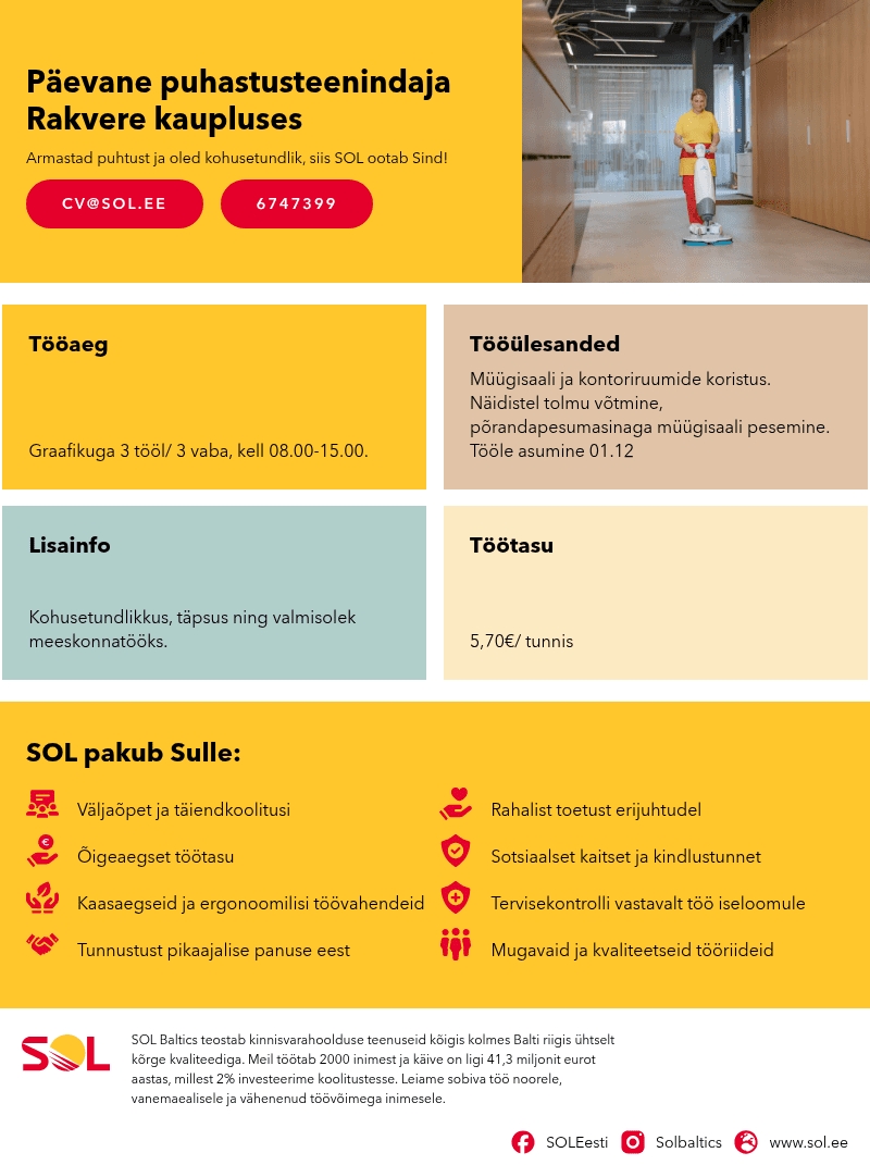 SOL Baltics OÜ Päevane puhastusteenindaja Rakvere kaupluses