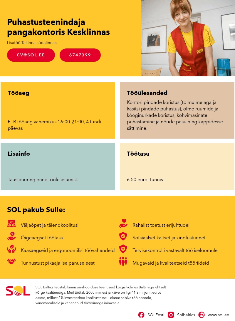 SOL Baltics OÜ Puhastusteenindaja pangakontoris Kesklinnas