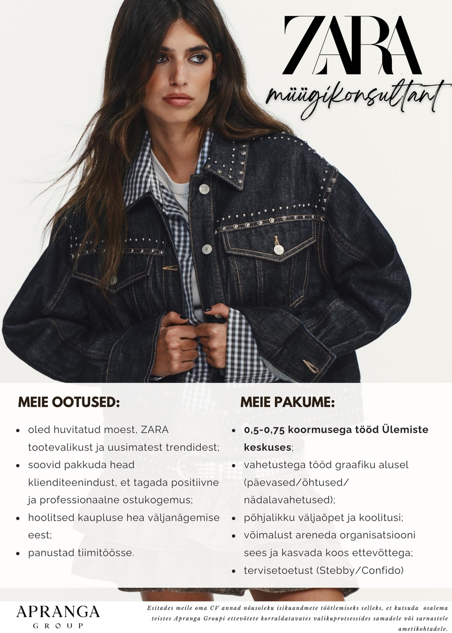 Apranga OÜ ZARA müügikonsultant Ülemiste keskusesse