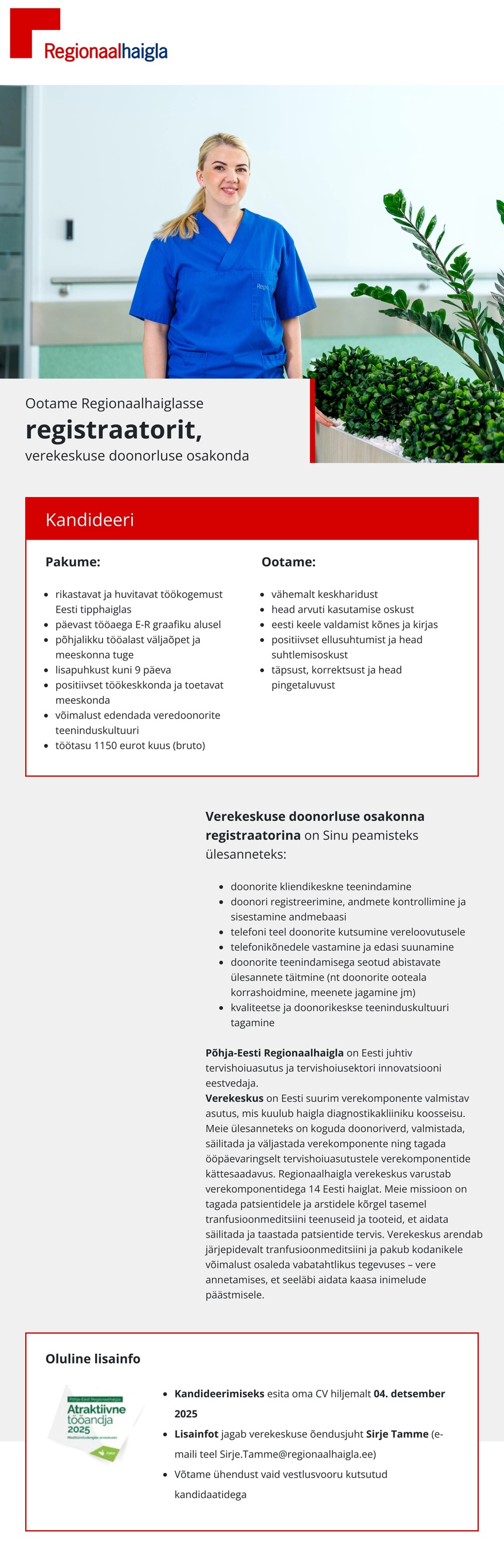 Põhja-Eesti Regionaalhaigla Registraator doonorluse osakonda