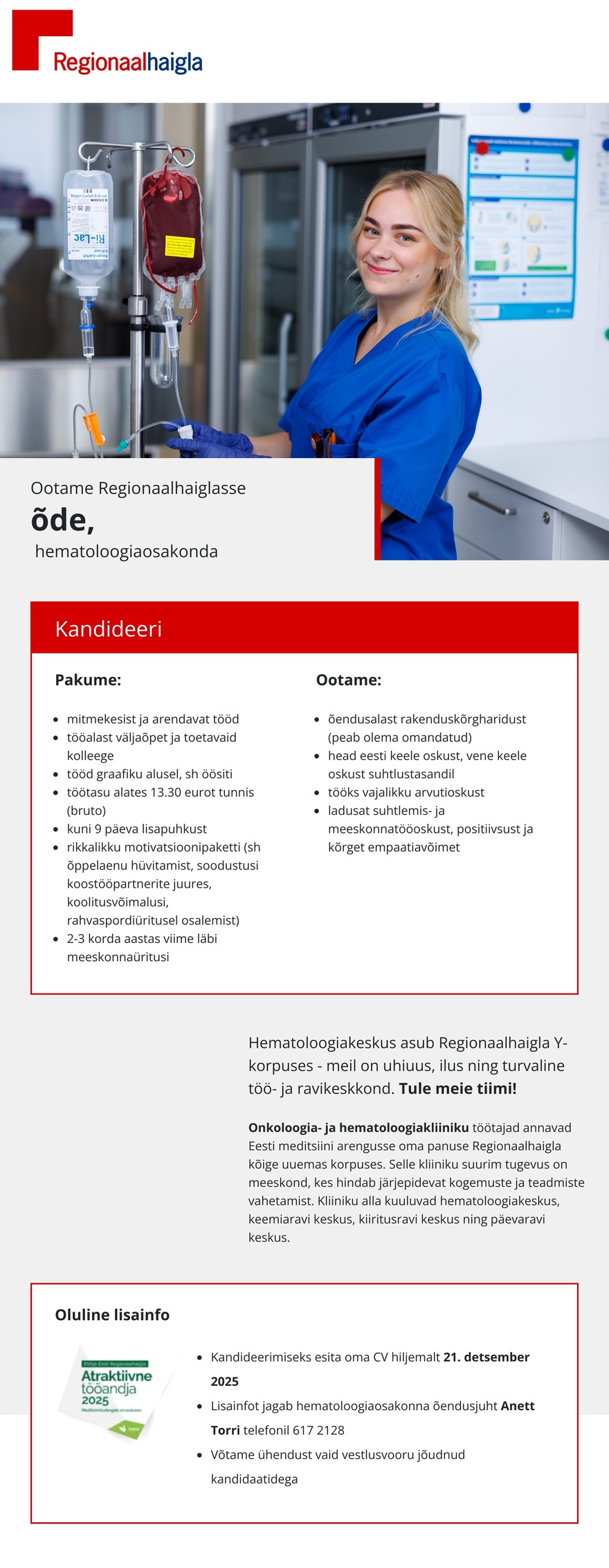 Põhja-Eesti Regionaalhaigla Õde hematoloogiaosakonda