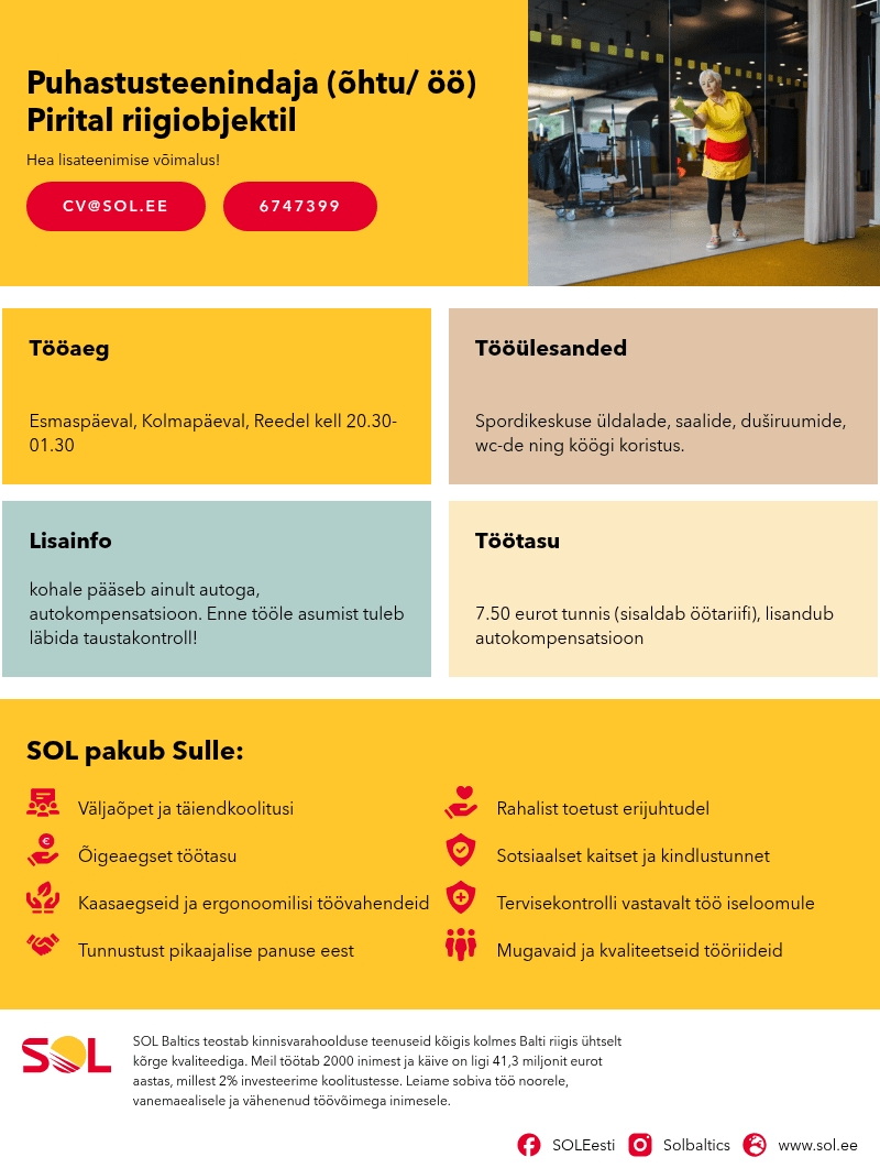 SOL Baltics OÜ Puhastusteenindaja (õhtu/ öö) Pirital riigiobjektil