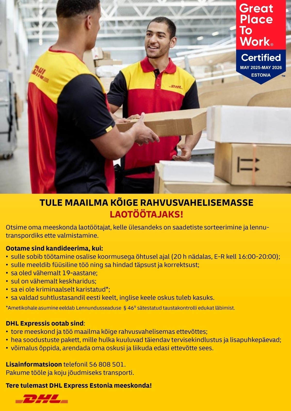 DHL Express Estonia AS Laotöötaja (osalise koormusega õhtusesse vahetusse)