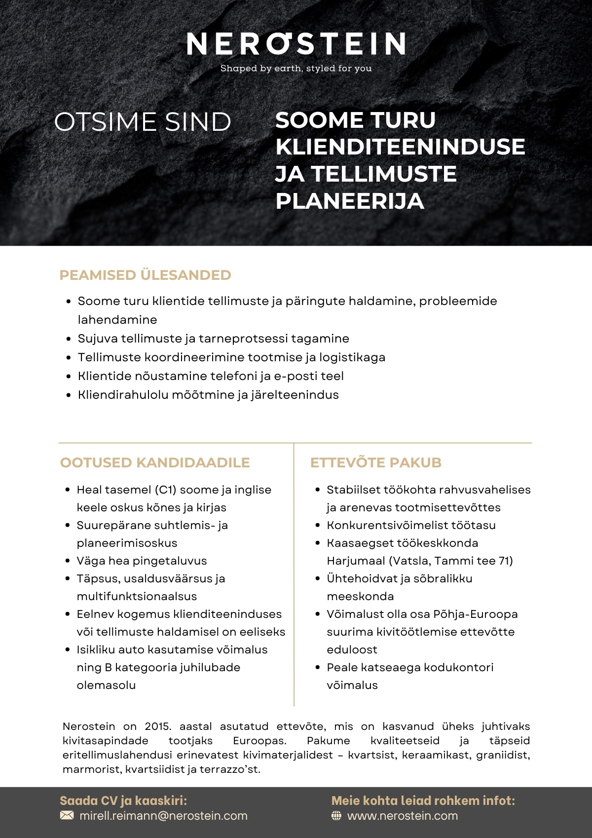 NEROSTEIN OÜ Soome turu klienditeeninduse ja tellimuste planeerija