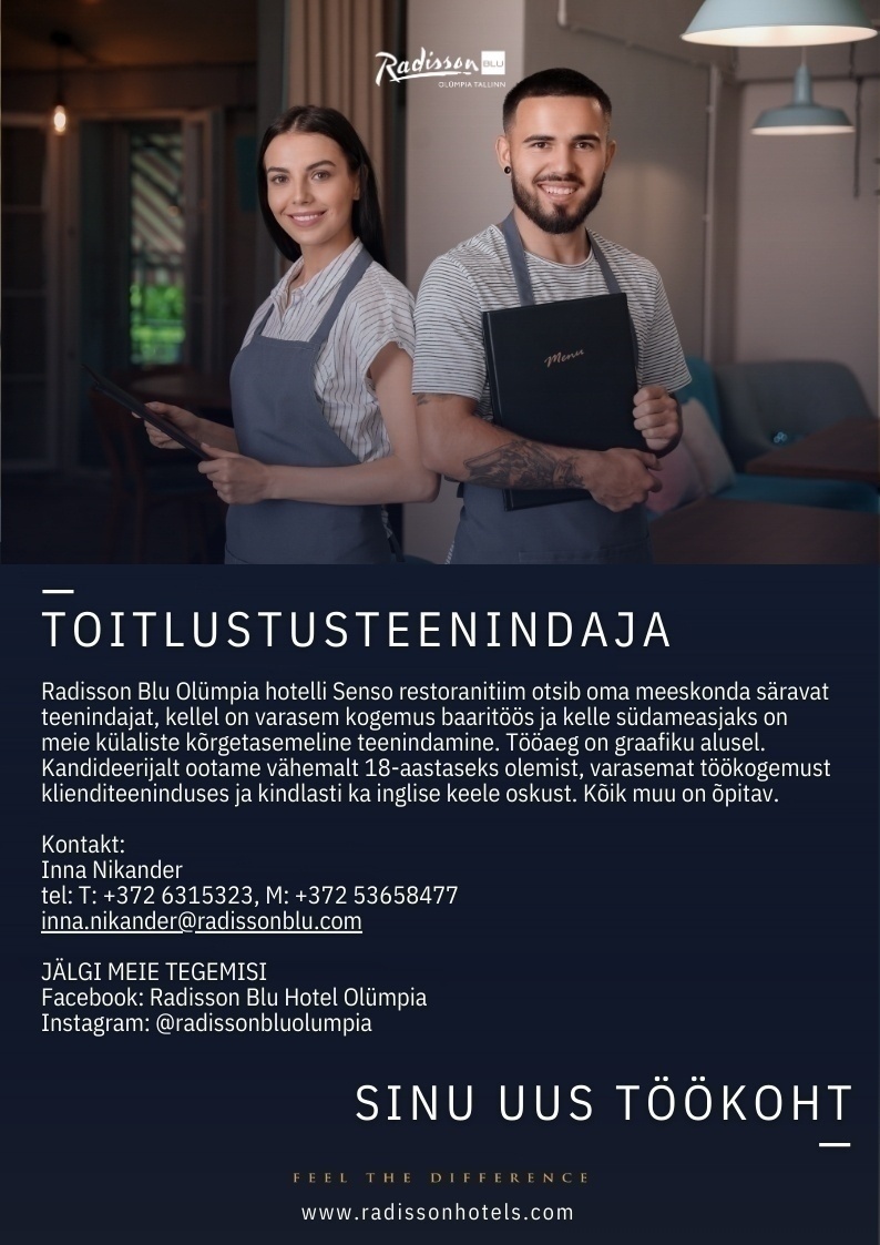 Radisson Blu Hotel Olümpia AS Baarioskustega toitlustusteenindaja