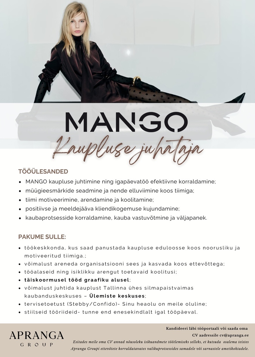 Apranga OÜ MANGO Ülemiste kaupluse juhataja