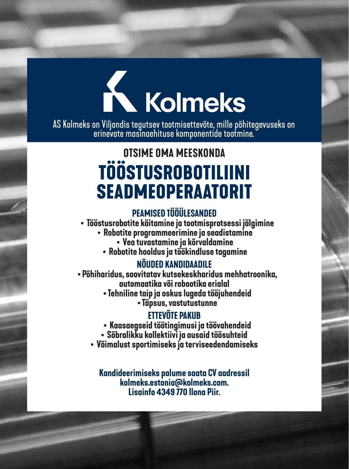 Kolmeks AS Tööstusrobotiliini seadmeoperaator