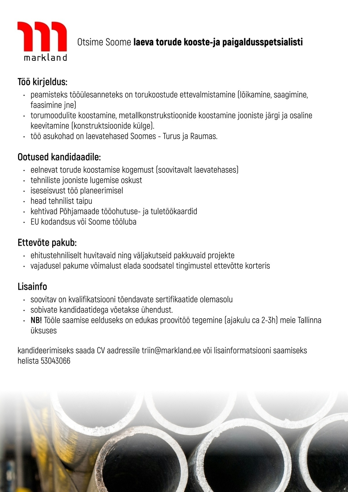 HAGMARK OÜ Laeva torude kooste-ja paigaldusspetsialist Soome