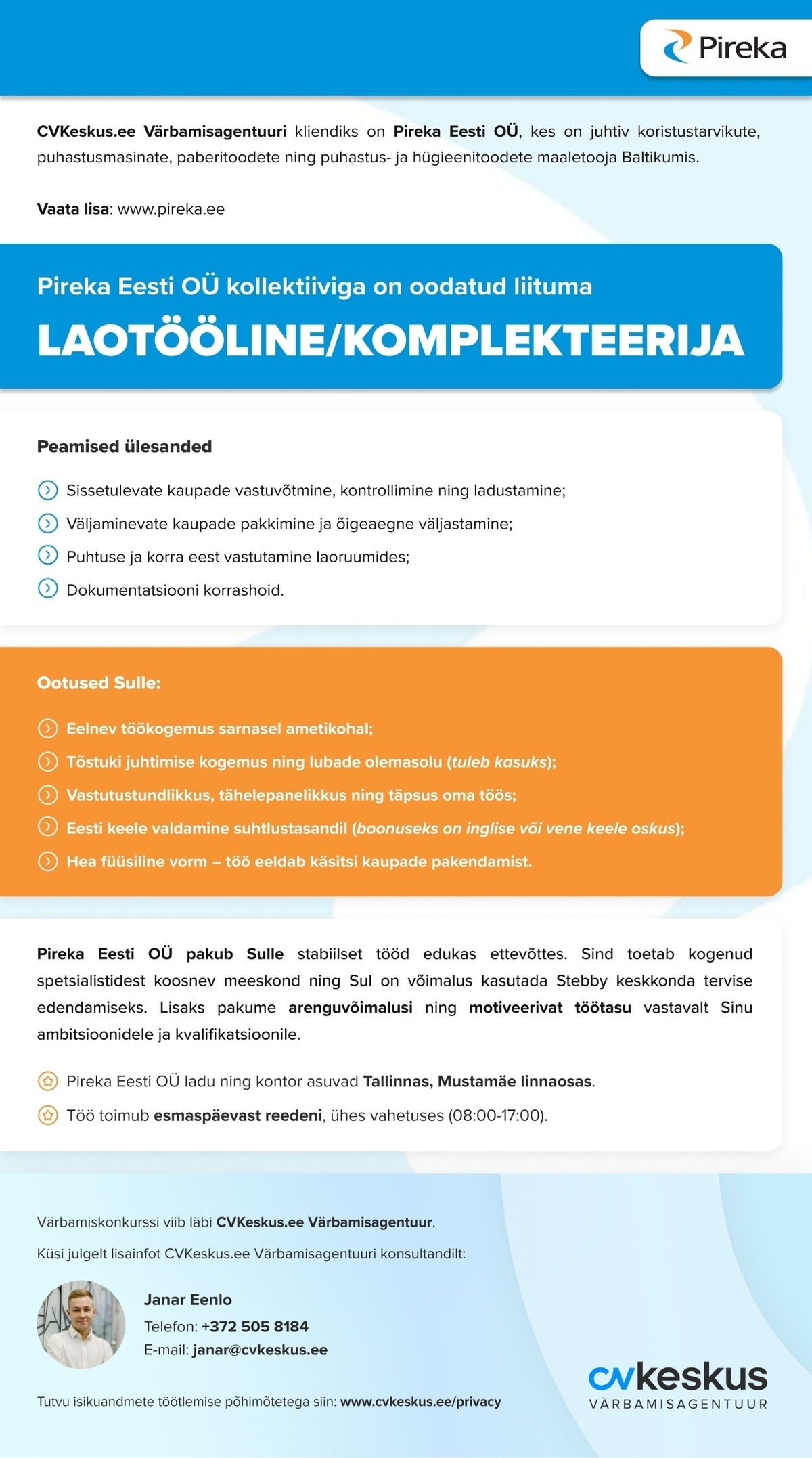 Pireka Eesti OÜ LAOTÖÖLINE / KOMPLEKTEERIJA