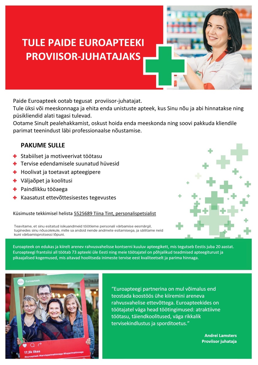 Euroapteek OÜ Proviisor-juhataja Paide Euroapteeki
