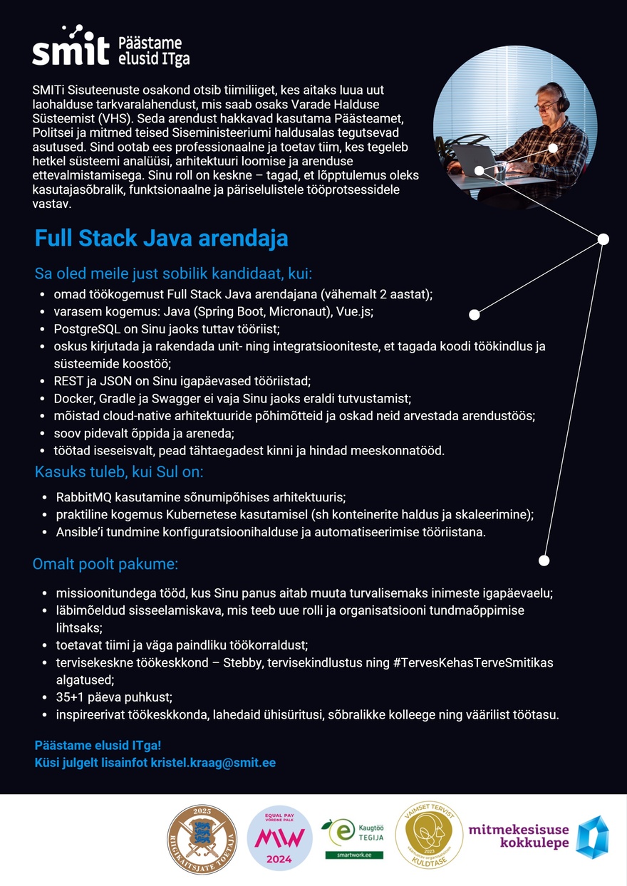 Siseministeeriumi infotehnoloogia- ja arenduskeskus Full Stack Java arendaja (sisuteenused)