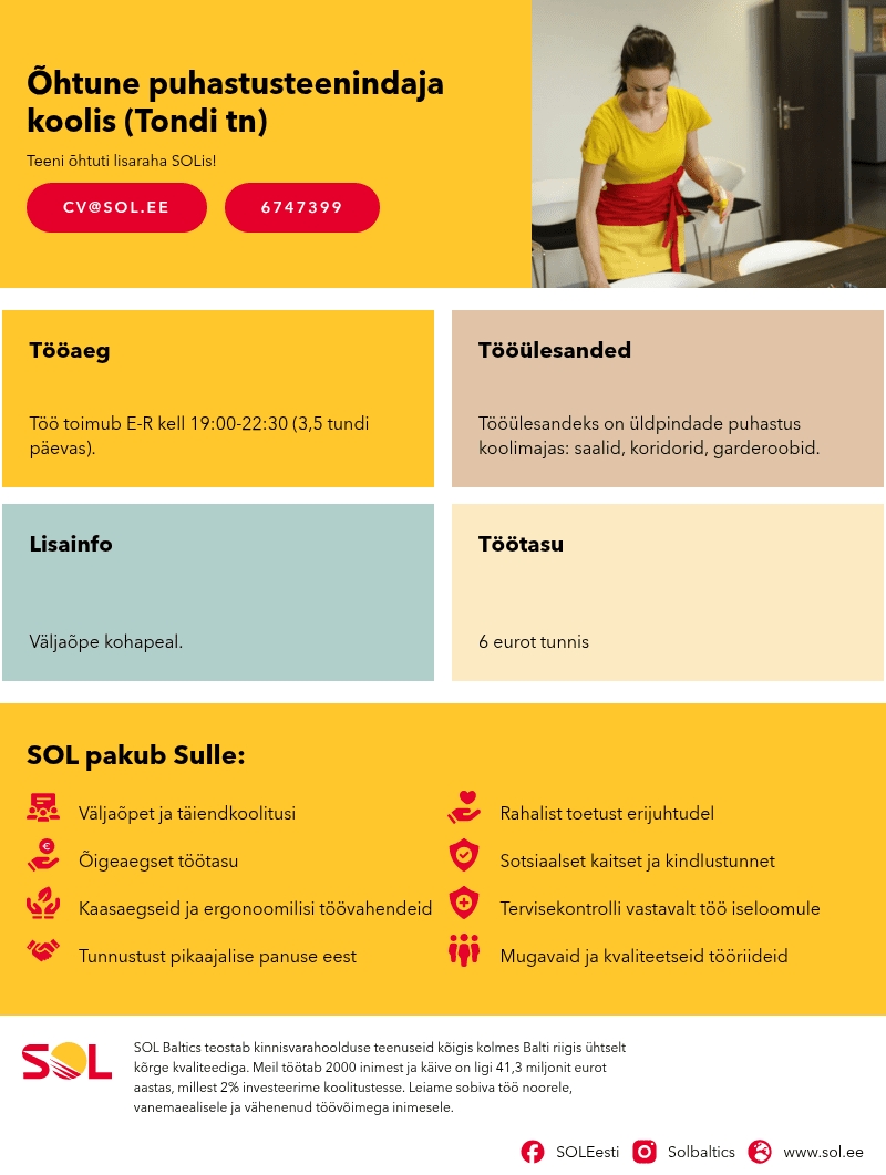 SOL Baltics OÜ Õhtune puhastusteenindaja koolis (Tondi tn)