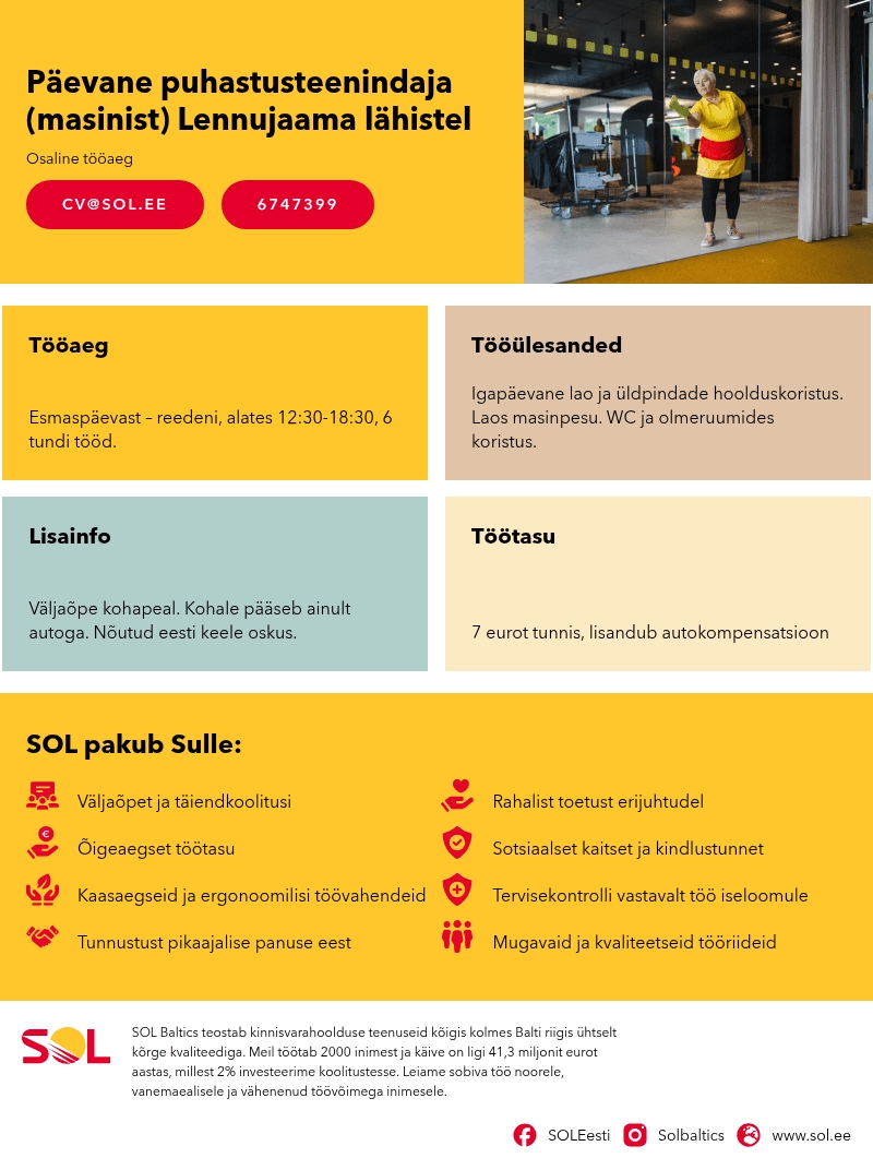 SOL Baltics OÜ Päevane puhastusteenindaja (masinist) Lennujaama lähistel