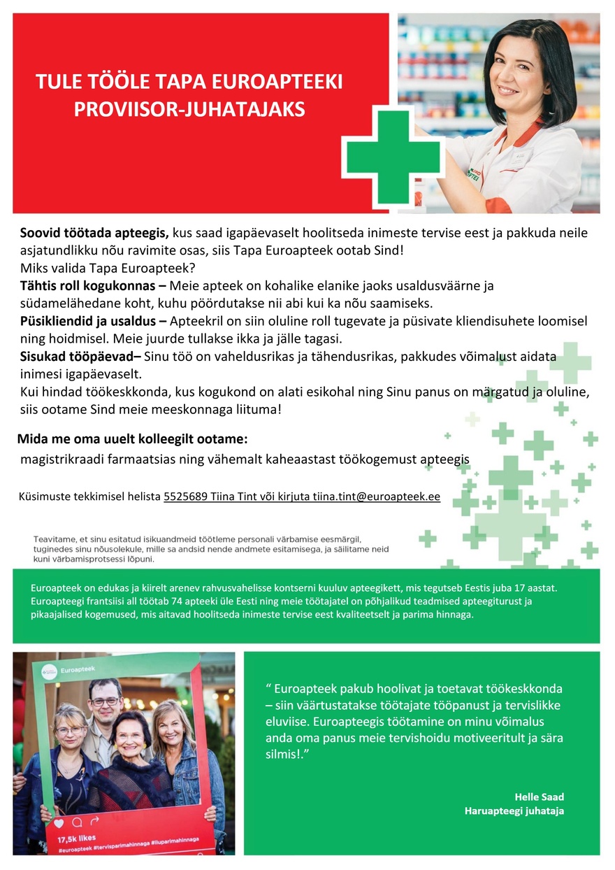 Euroapteek OÜ Tapa Euroapteegi proviisor -juhataja