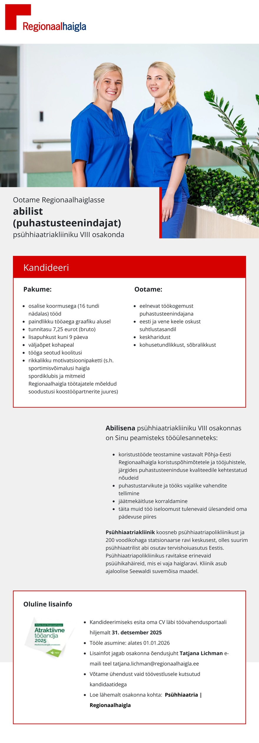 Põhja-Eesti Regionaalhaigla Abiline (puhastusteenindaja) psühhiaatriakliiniku VIII osakonda