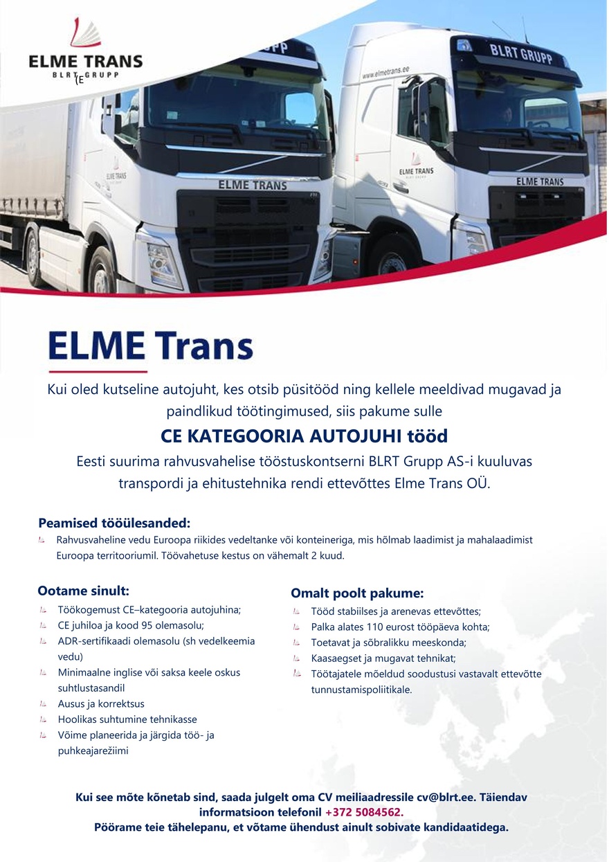 Elme Trans Veoautojuht (CE + ADR)
