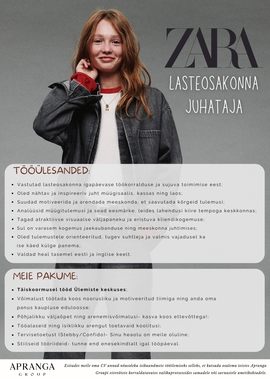 Apranga OÜ ZARA Ülemiste lasteosakonna juhataja