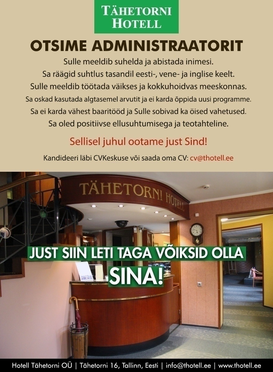 Hotell Tähetorni OÜ Hotelli administraator