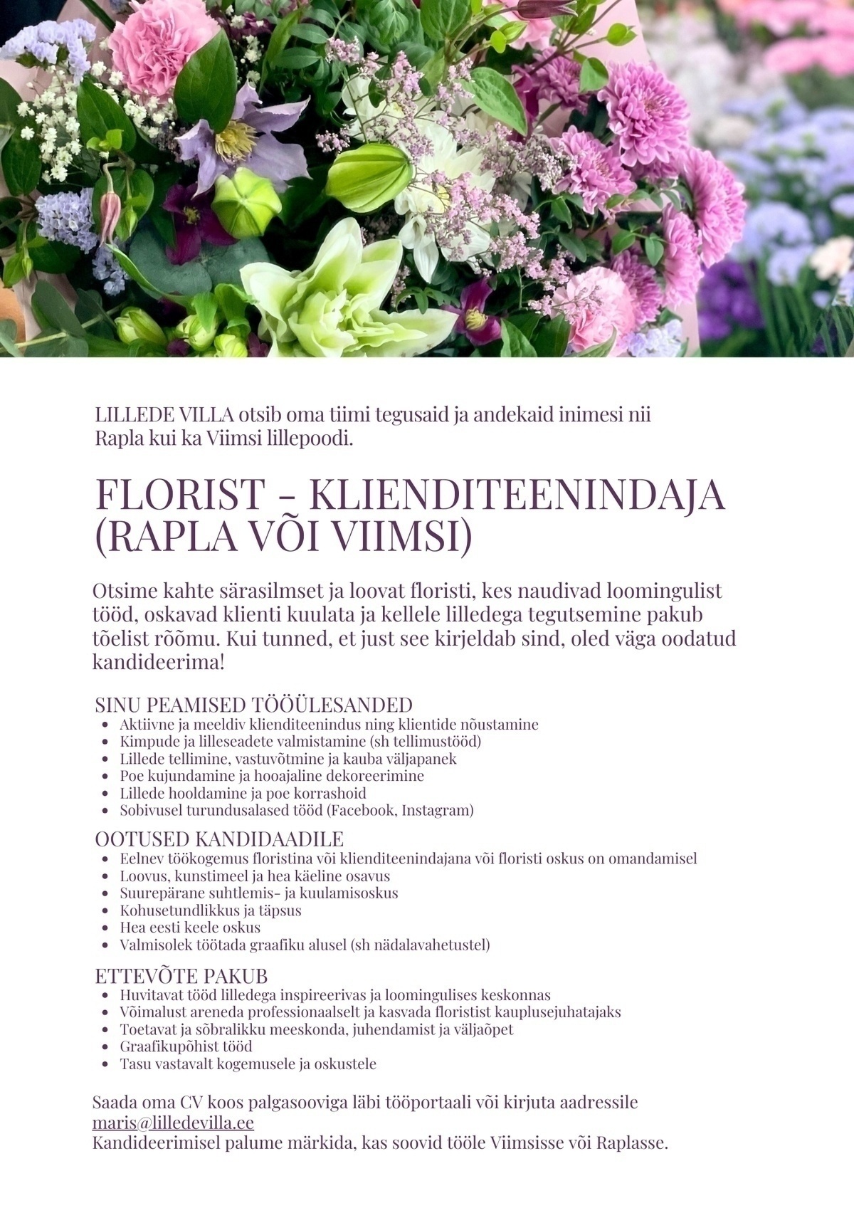 LILLEDE VILLA OÜ Florist-klienditeenindaja (Rapla või Viimsi)