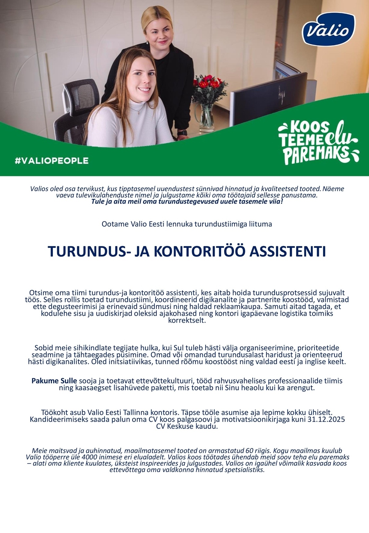 Valio Eesti AS Turundus- ja kontoritöö assistent