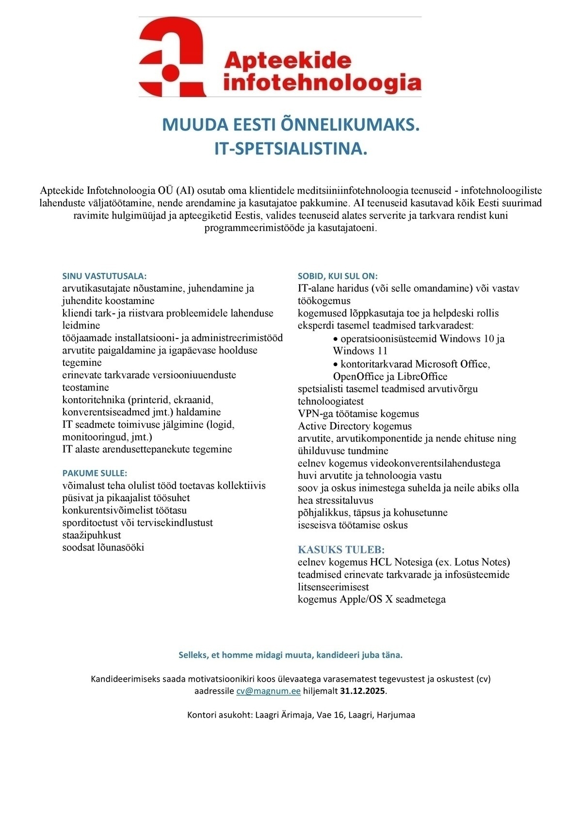 Apteekide Infotehnoloogia OÜ IT-spetsialist