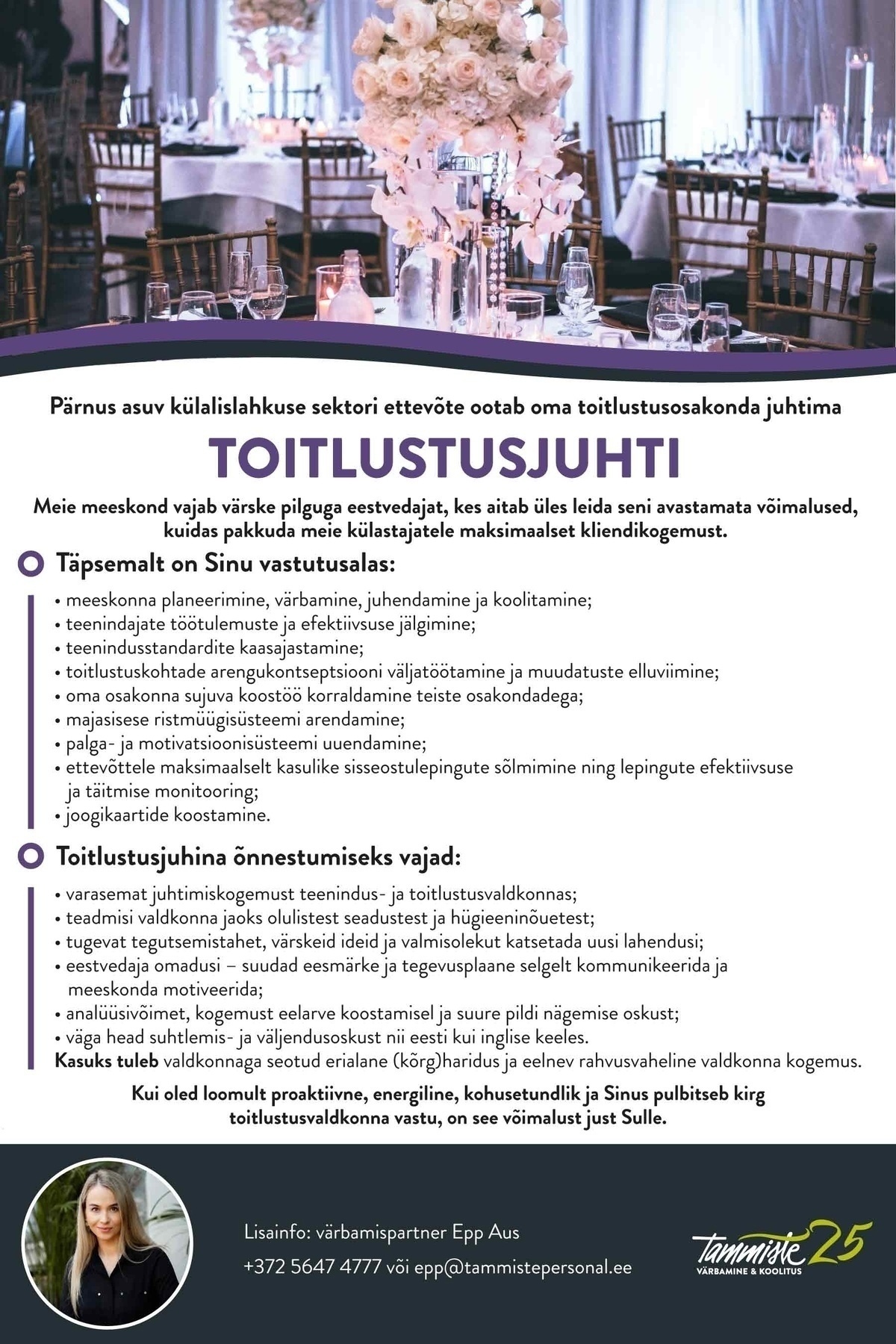 Tammiste Personalibüroo OÜ Toitlustusjuht (külalislahkuse sektori ettevõte)