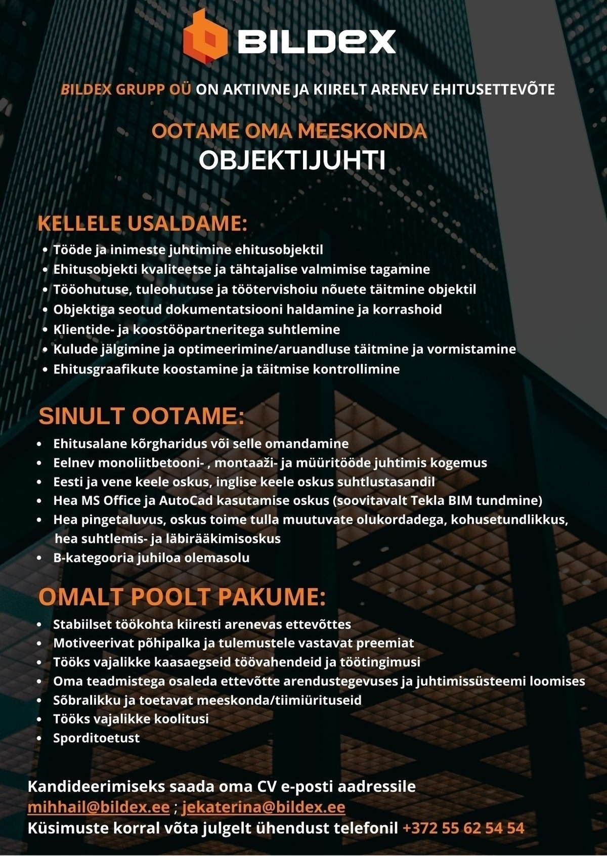Bildex Grupp OÜ Betoonitööde objektijuht