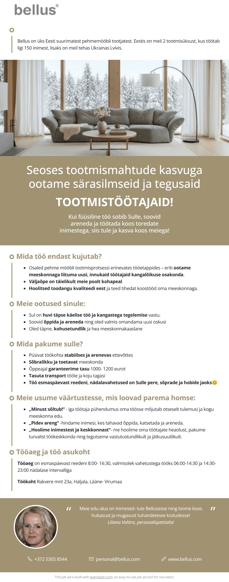 Bellus Furniture OÜ TOOTMISTÖÖTAJA