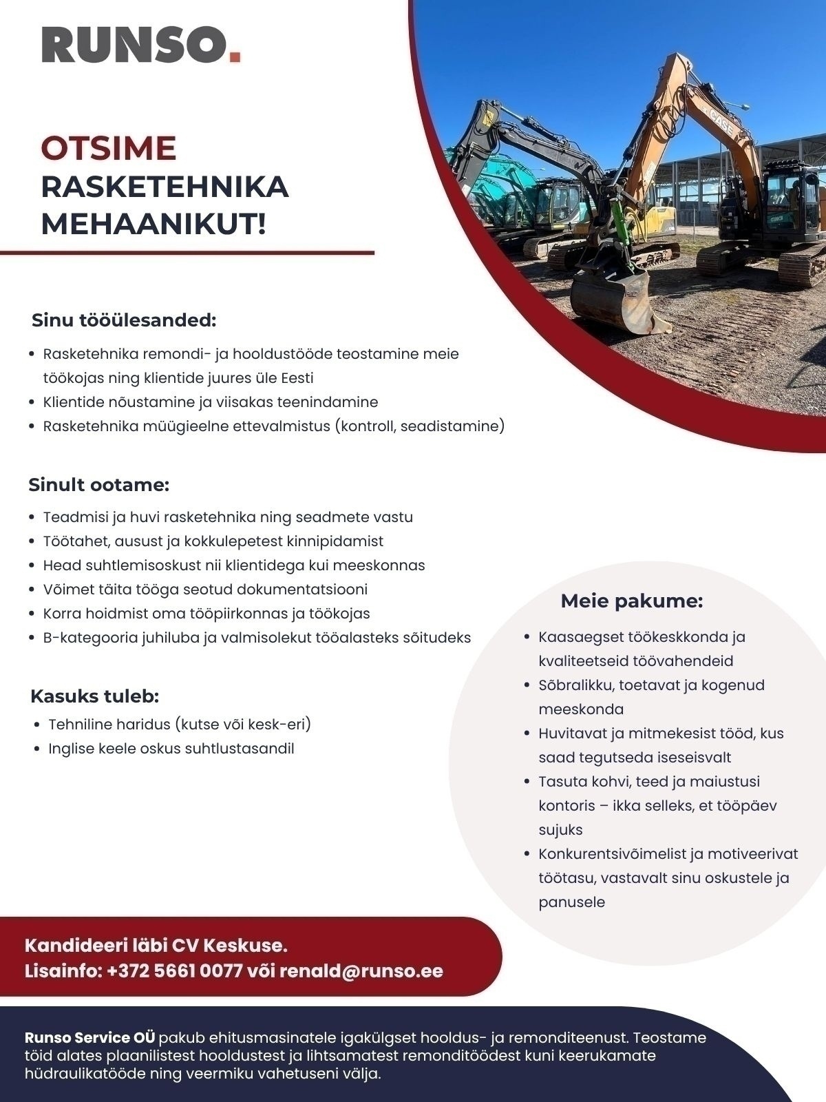 RUNSO MASINAKAUBANDUS OÜ RASKETEHNIKA MEHAANIK