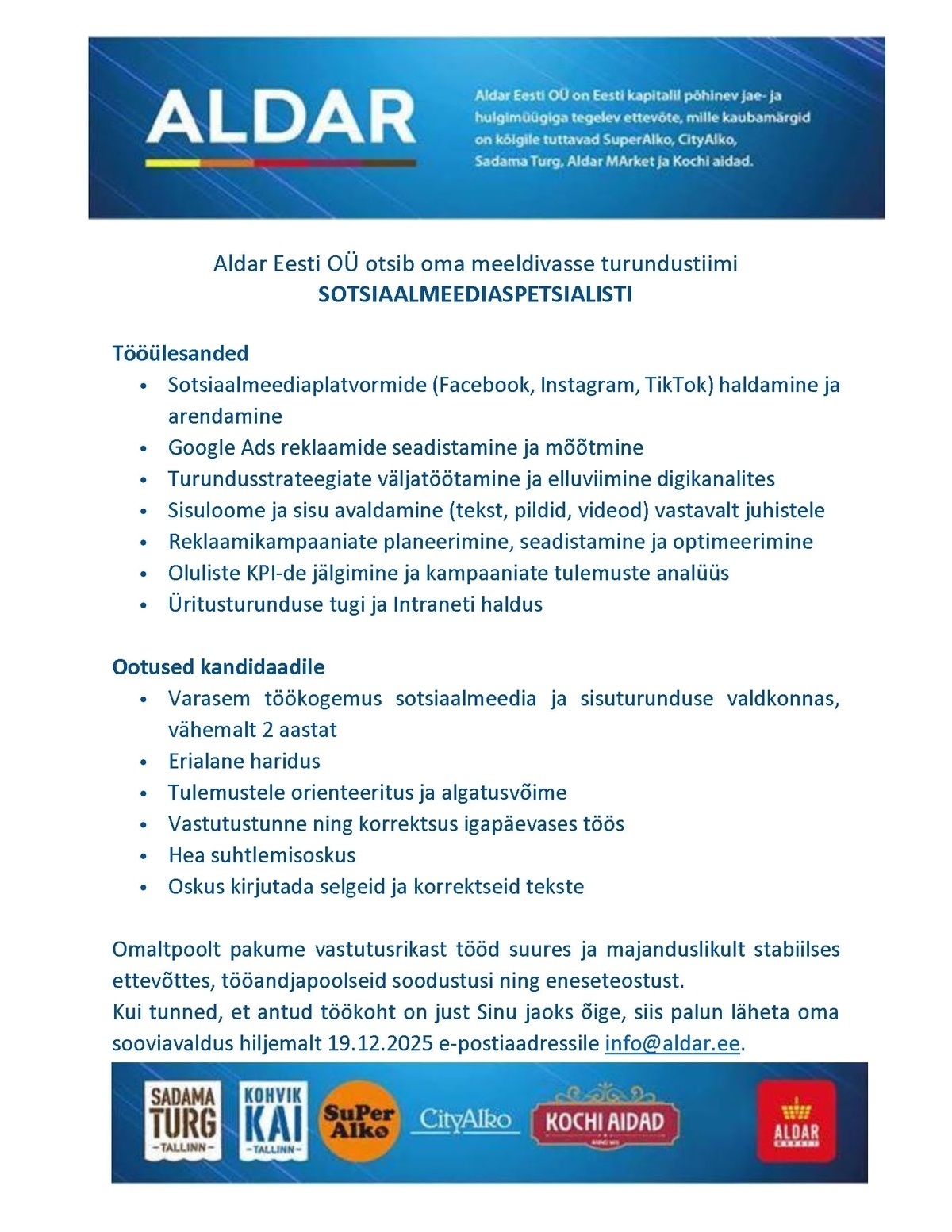 Aldar Eesti OÜ Sotsiaalmeediaspetsialist