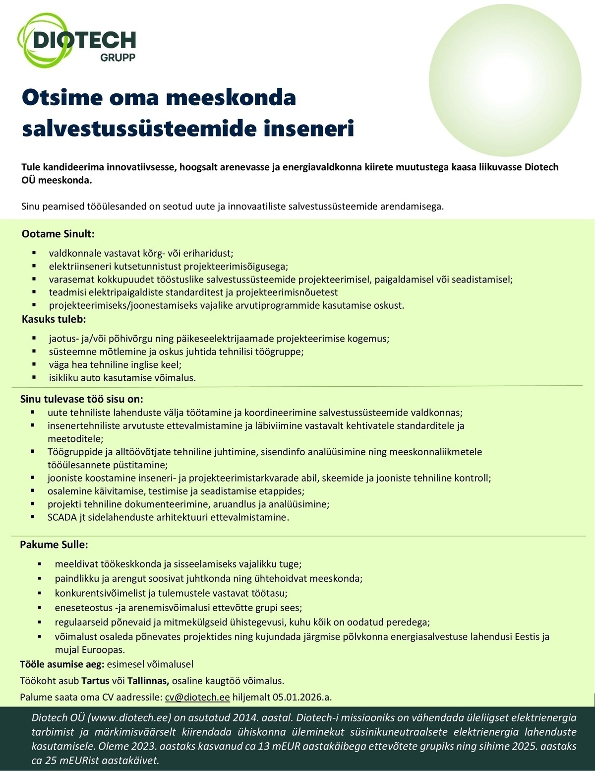 Diotech OÜ Salvestussüsteemide insener