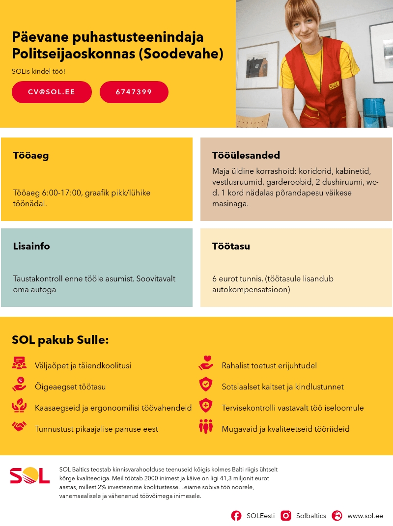 SOL Baltics OÜ Päevane puhastusteenindaja Politseijaoskonnas (Soodevahe)