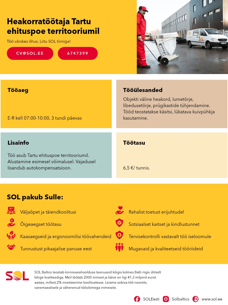 SOL Baltics OÜ Heakorratöötaja Tartu ehituspoe territooriumil
