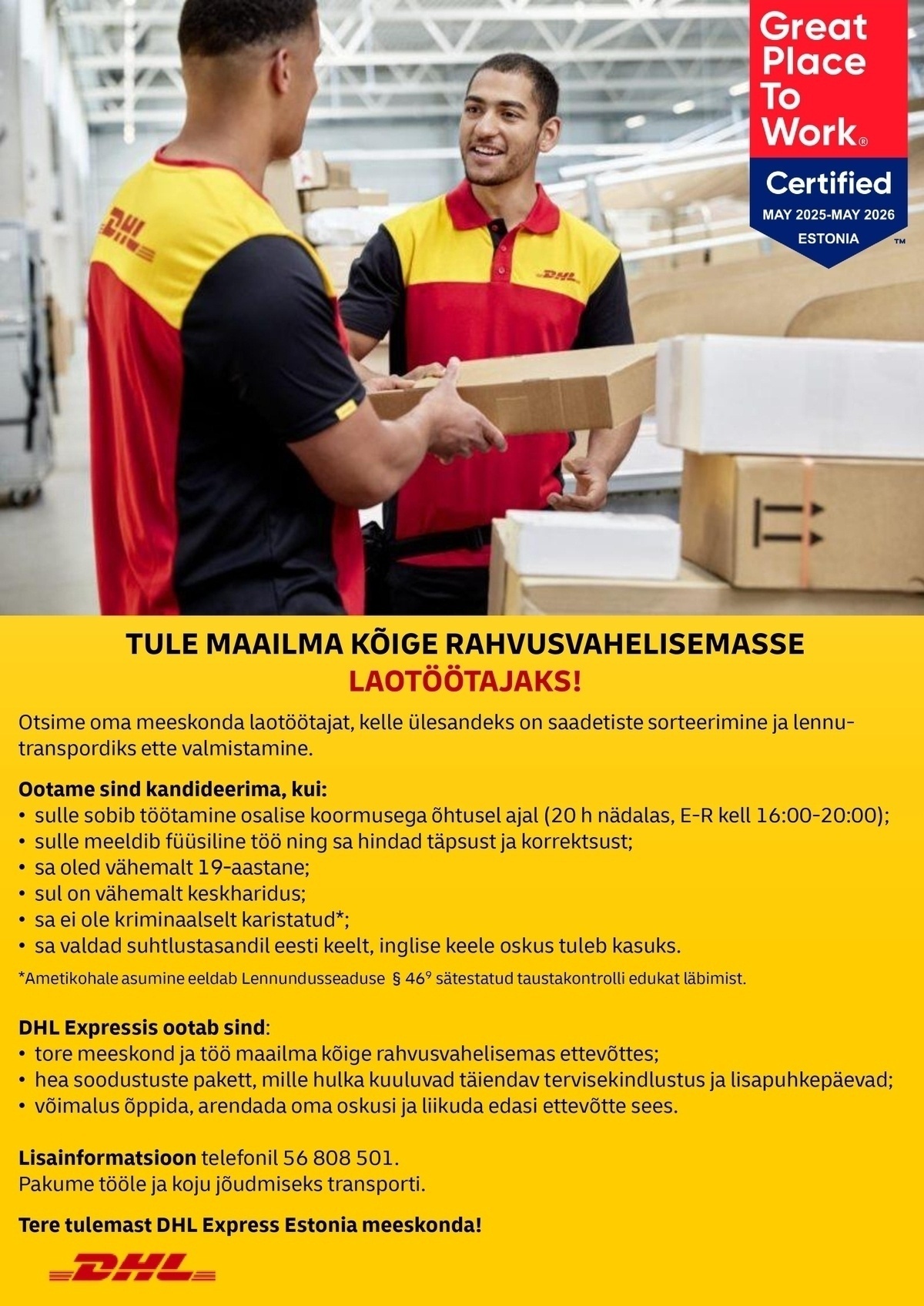 DHL Express Estonia AS Laotöötaja (osalise koormusega õhtusesse vahetusse)