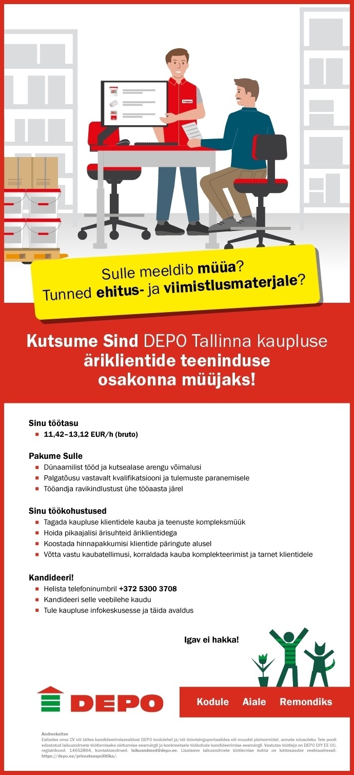 DEPO DIY EE OÜ Kutsume Sind DEPO Tallinna kaupluse äriklientide teeninduse osakonna müüjaks!