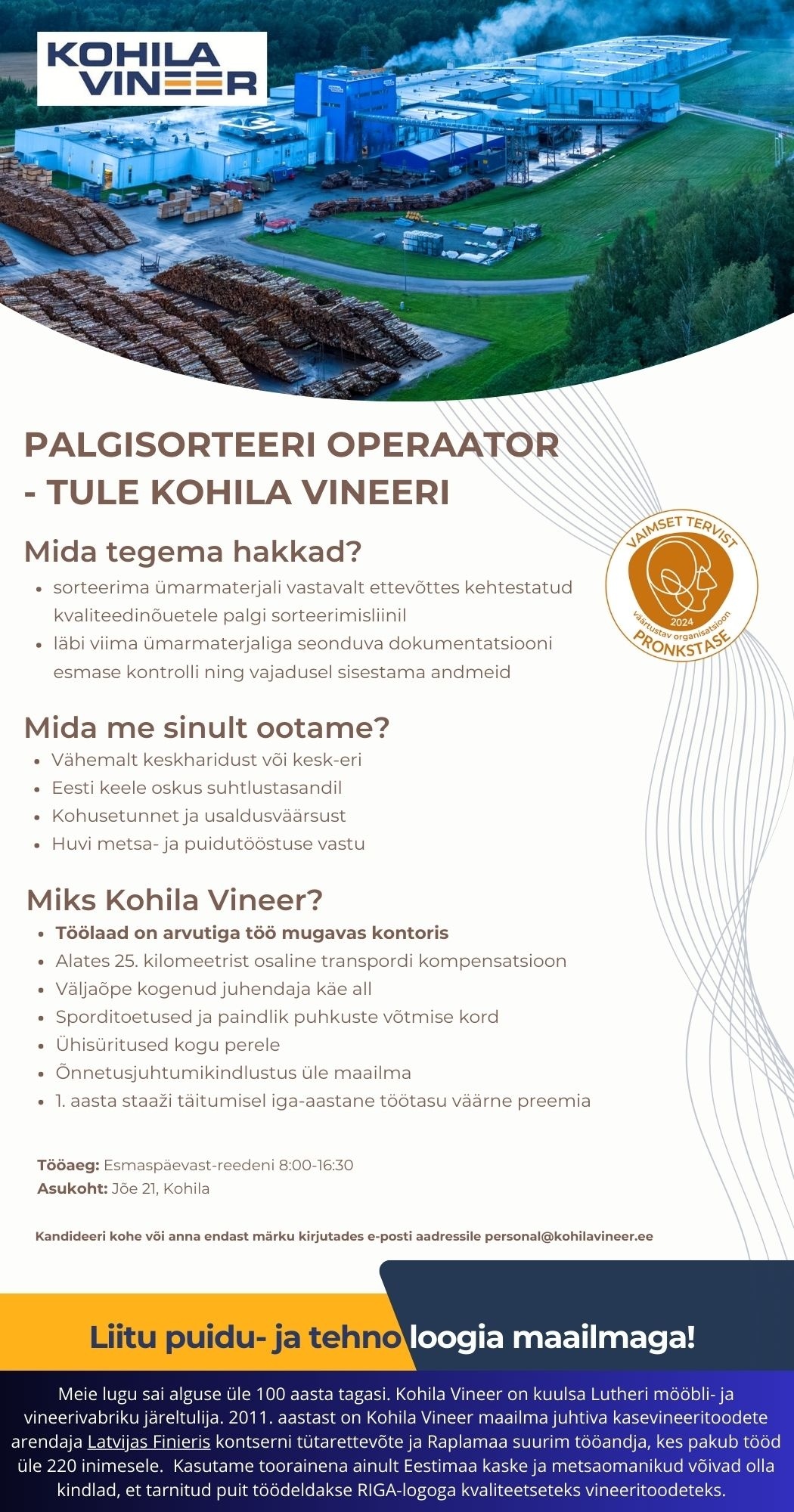 Kohila Vineer OÜ Palgisorteeri operaator E-R