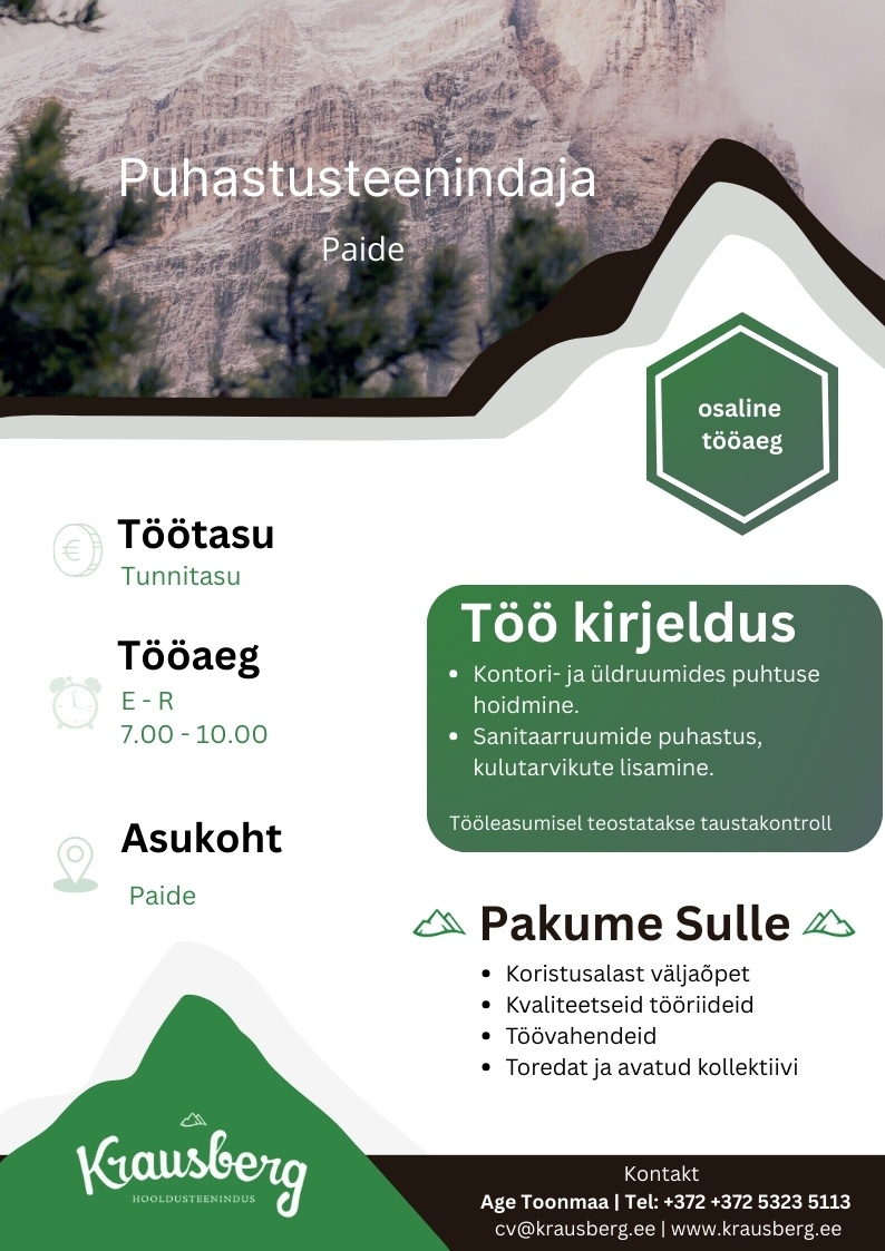 Krausberg Eesti OÜ Puhastusteenindaja, Paide (osaline tööaeg)