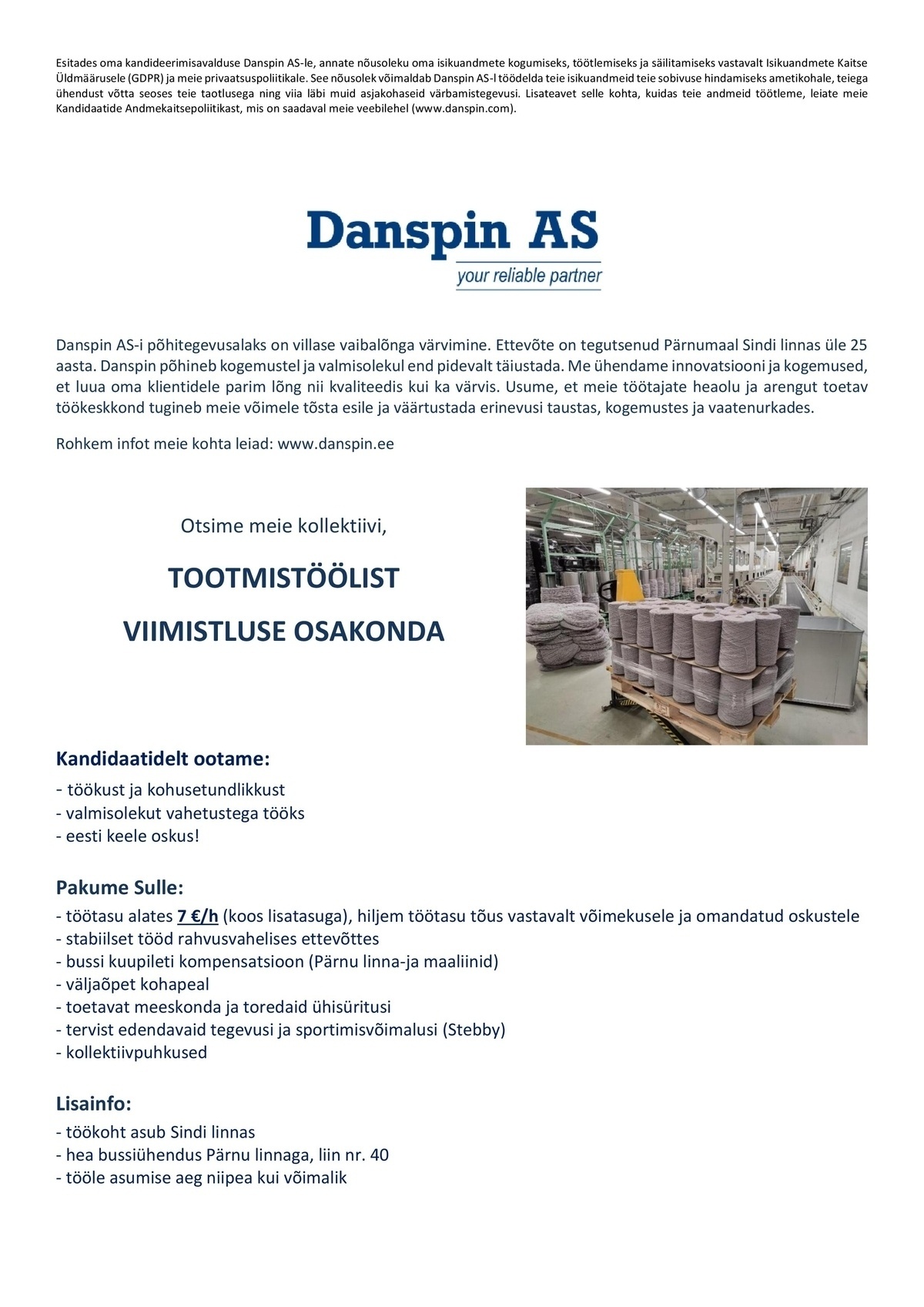 Danspin AS Tootmistööline Viimistluse osakonda