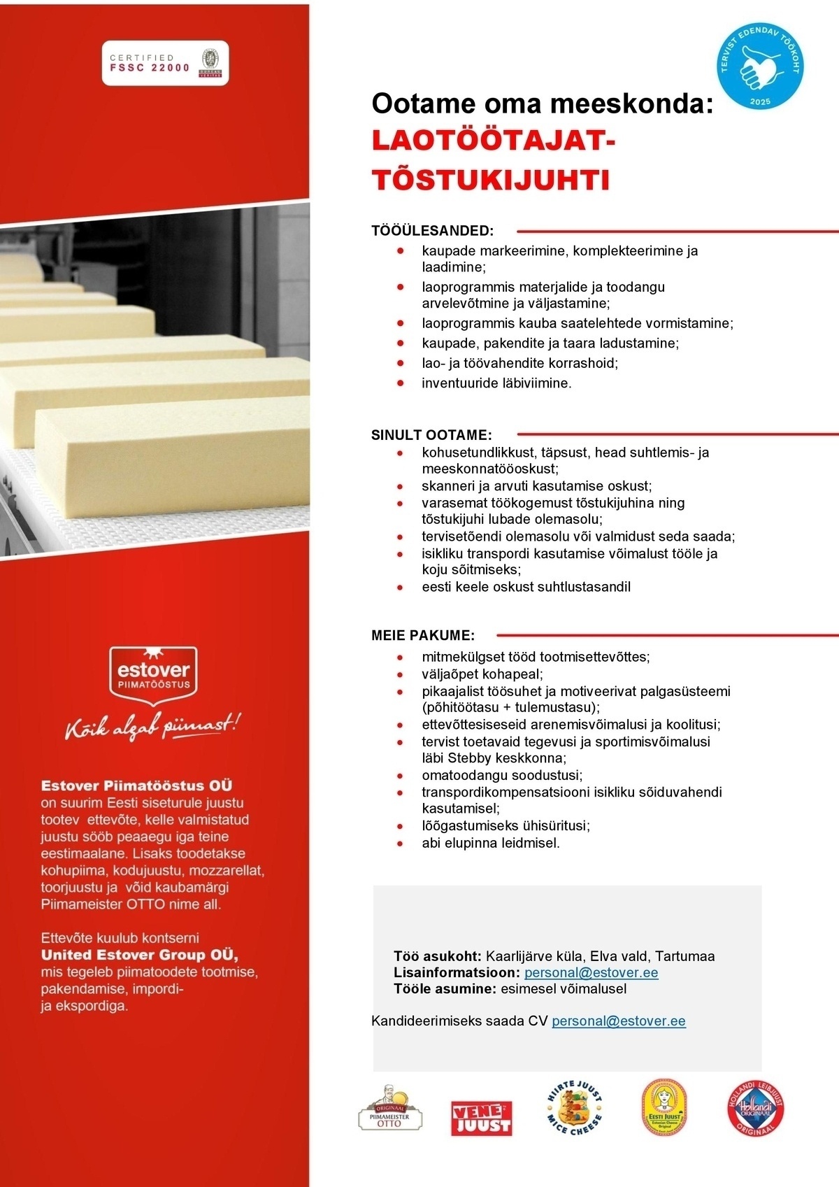 Estover Piimatööstus OÜ Laotöötaja-tõstukijuht