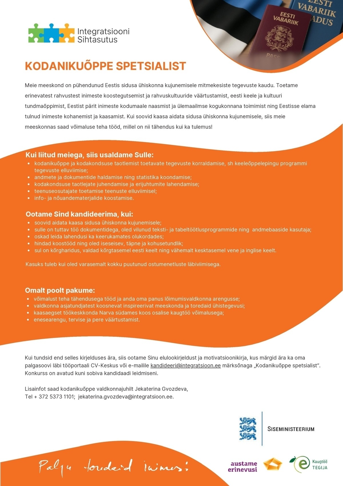 Integratsiooni Sihtasutus Kodanikuõppe spetsialist