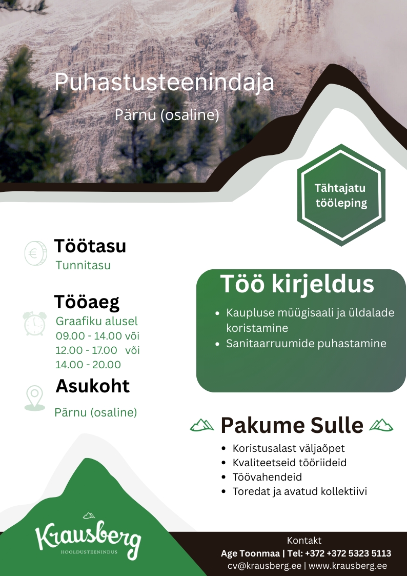 Krausberg Eesti OÜ Puhastusteenindaja, Pärnu (osaline tööaeg)