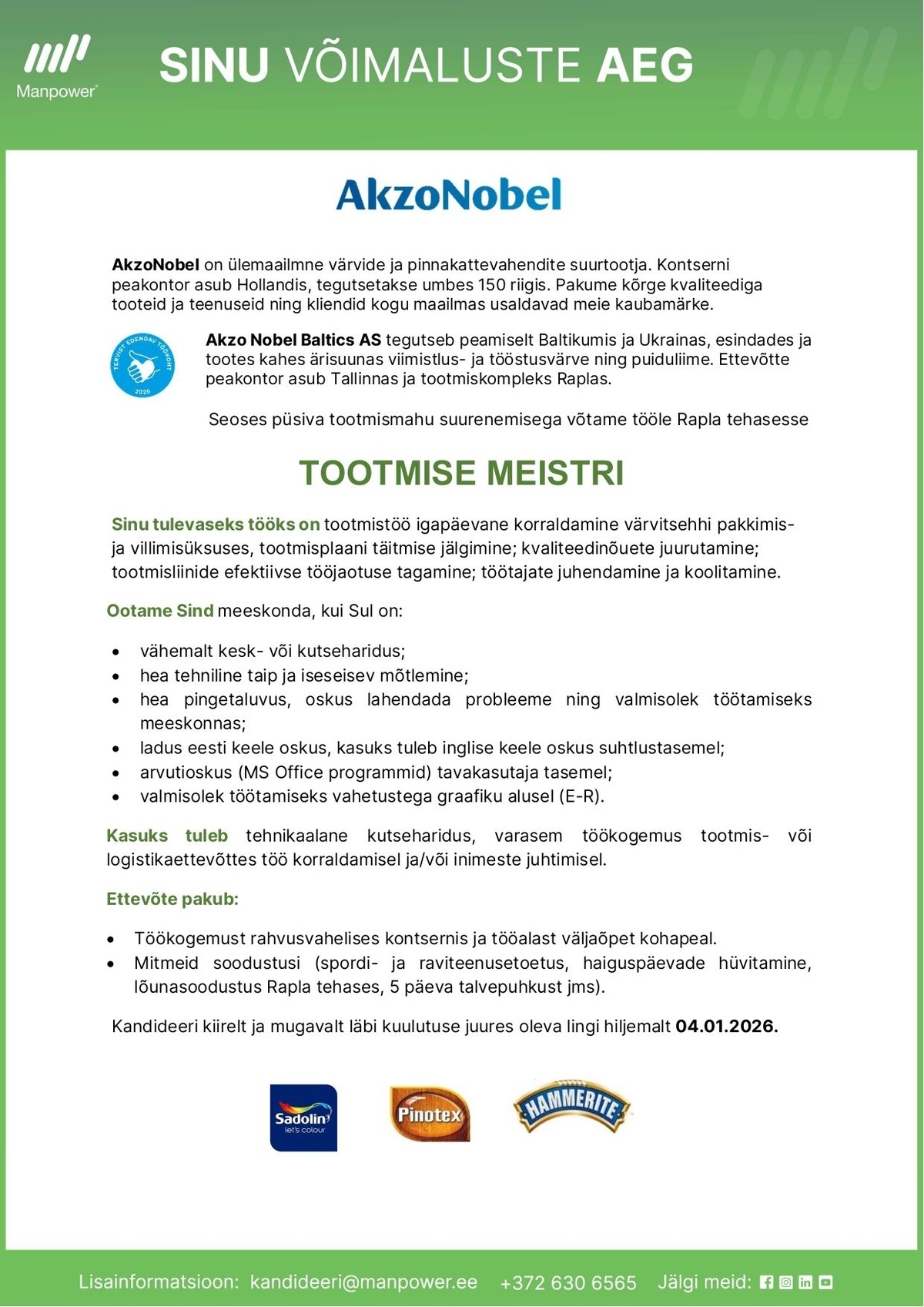 Manpower OÜ Tootmise meister