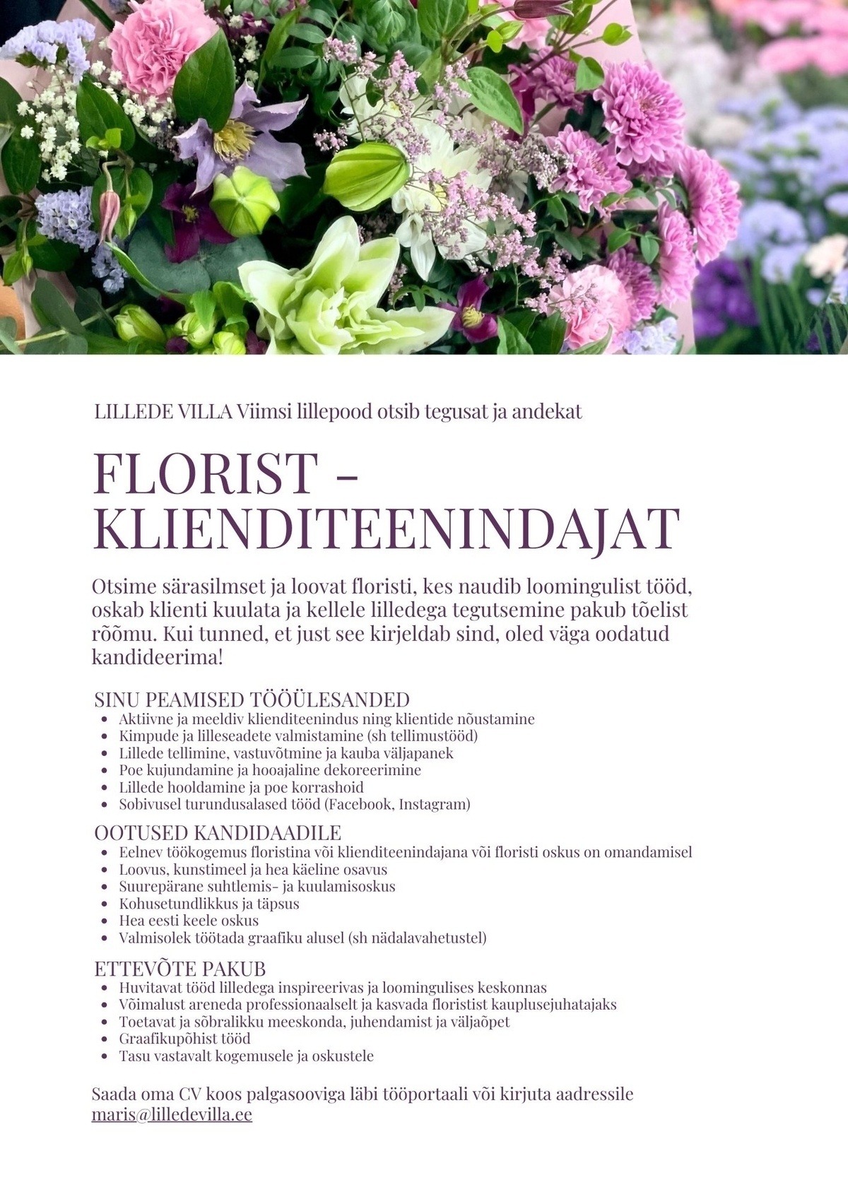 LILLEDE VILLA OÜ Florist-klienditeenindaja (Viimsi)