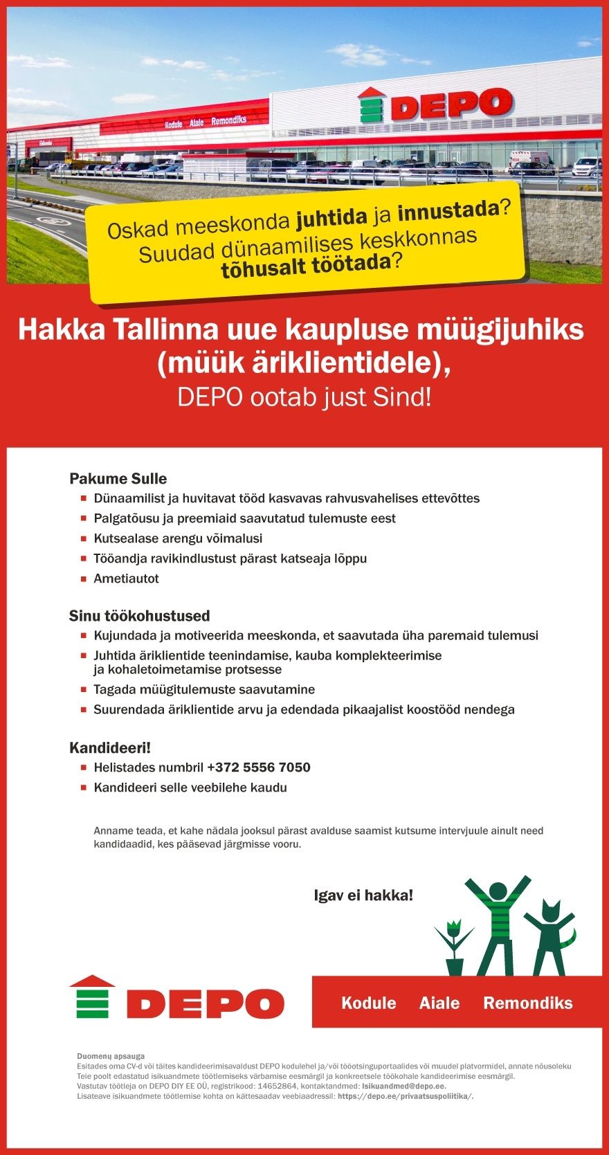 DEPO DIY EE OÜ Hakka Tallinna uue kaupluse müügijuhiks (müük äriklientidele)