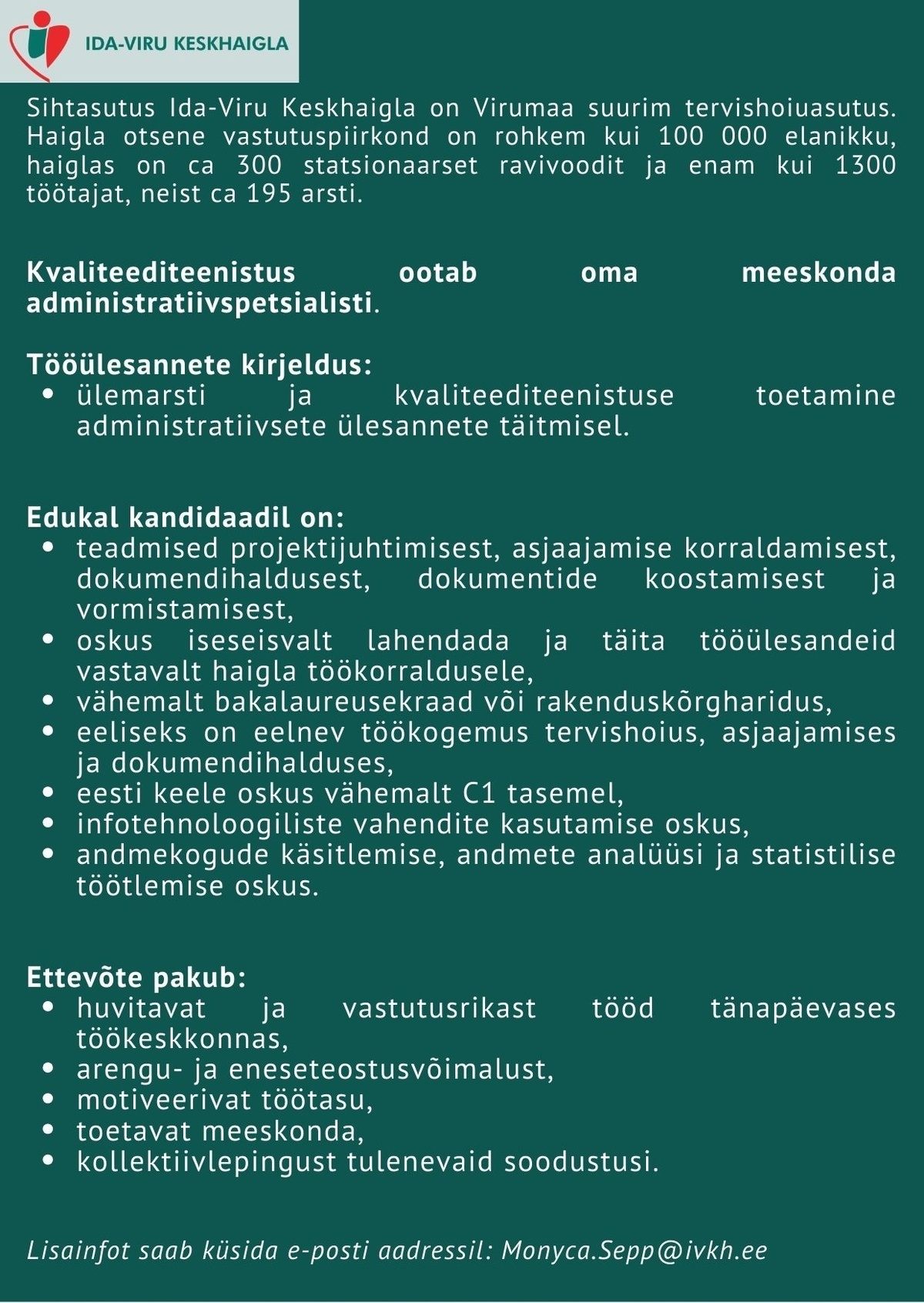 Ida-Viru Keskhaigla SA Kvaliteediteenistuse administratiivspetsialist