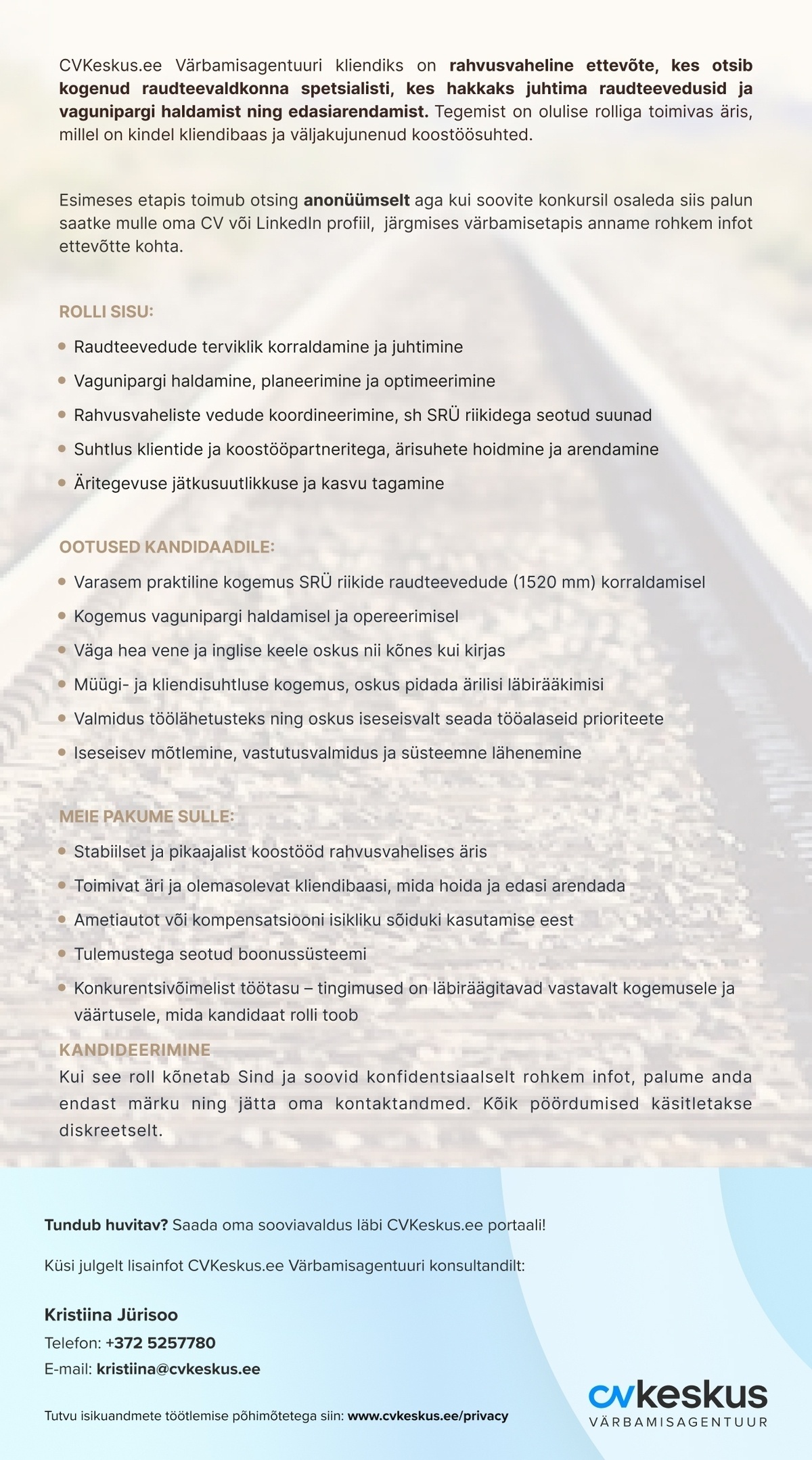 CVKeskus.ee Värbamisagentuur RAUDTEEVALDKONNA SPETSIALIST