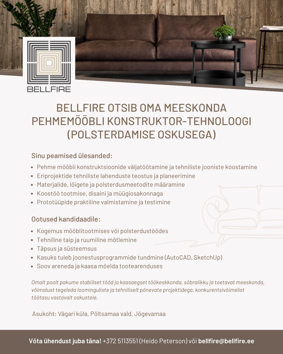 BELLFIRE OÜ Pehmemööbli konstruktor-tehnoloog