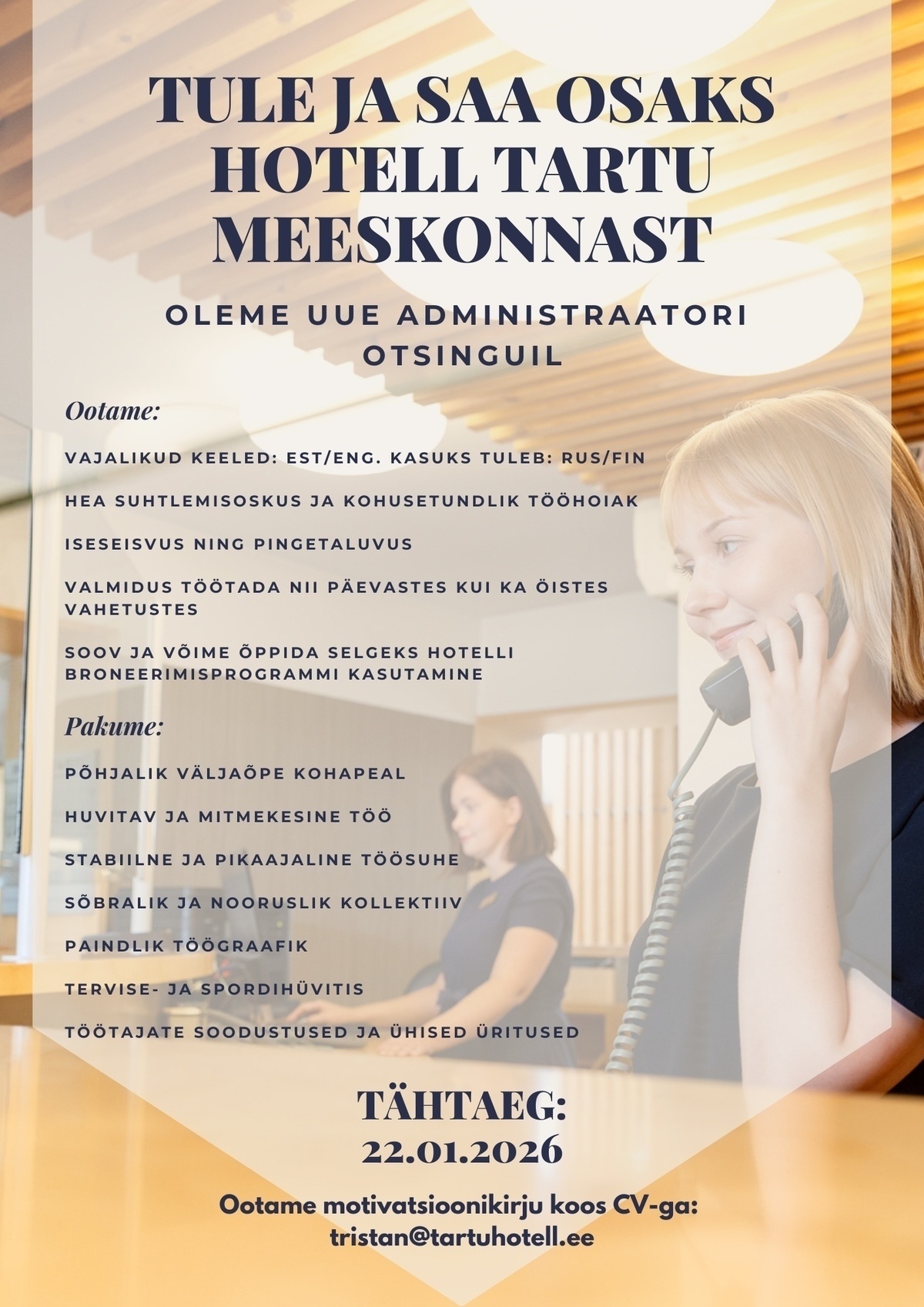 HOTELL TARTU OÜ Vastuvõtuadministraator